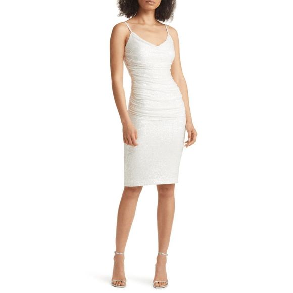 Eliza J Women's Sequin Ruched Sheath Dress - Pearl 4 - Picture 1 of 11